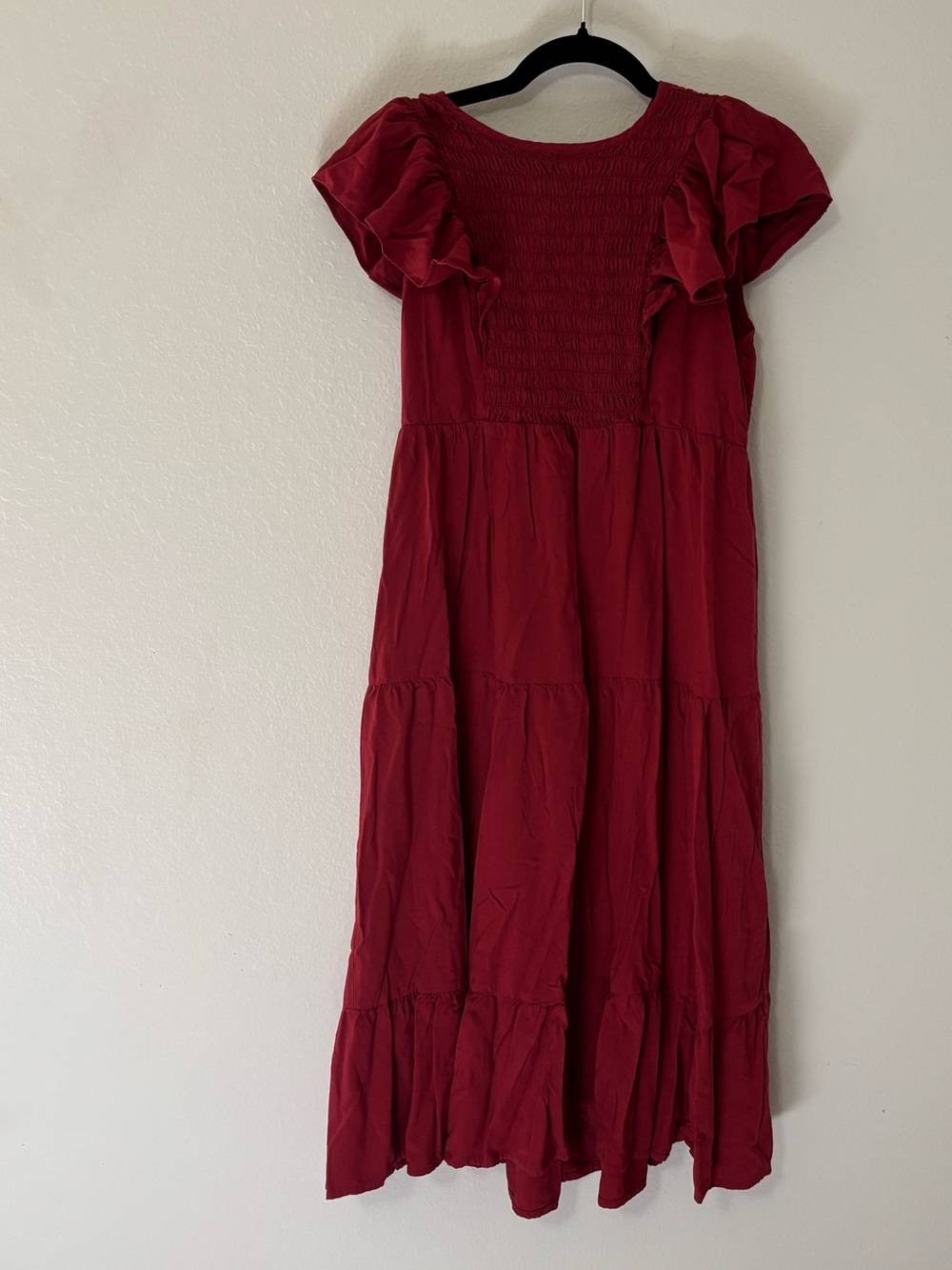 Old Navy Brick Red Smocked Tiered Midi Dress Flutter Sleeve Tie Back M